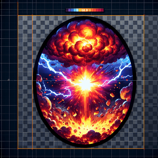 oval fire and thunder explosive event.
Single Game Texture.  In-Game asset.  2d.  Blank background.  High contrast.  No shadows