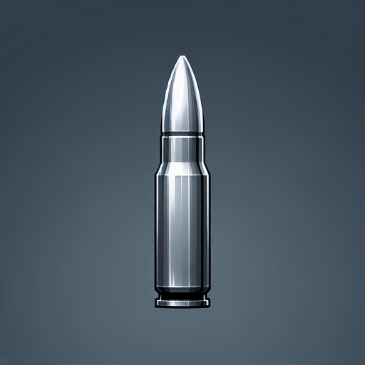 big silver bullet.
Single Game Texture. In-Game asset. 2d. Blank background. High contrast. No shadows.