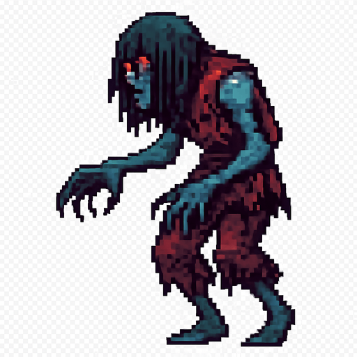 Create a pixel-art monster character inspired by Turkish folklore, specifically "Gulyabani" – a tall, lanky, ghostly creature with pale, bluish-gray skin, long tangled hair covering parts of its face, and glowing red eyes. It should wear torn Ottoman-style rags, with long sharp fingers and a hunched back. Its movement should look floaty and eerie. Style should match 2D retro horror games. Transparent background PNG, facing left side, idle stance..
In-Game asset.  2d.  High contrast.  No shadows