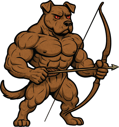 A brown dog that’s really really buff. Full body. Give the dog A bow and arrow. Red eyes.
2D.
