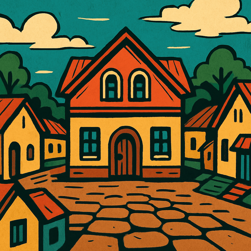 Un pueblo con casa y un piso café jojo's.
In-Game asset.  2d.  High contrast.  No shadows