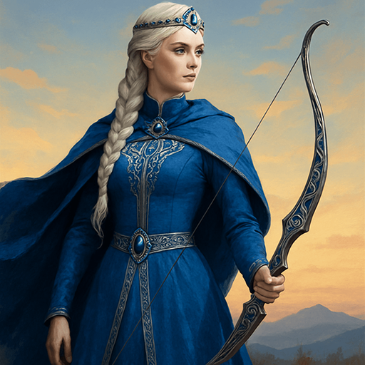 A noblewoman-archer dressed in royal blue and silver, standing on a hilltop during dawn. Female, 30 years old, graceful but strong, with long platinum blonde hair in a braid, storm-grey eyes, and porcelain skin. She wears a sapphire-encrusted circlet and carries an ornate elven longbow. Her cloak flutters in the wind. Realistic, highly detailed, elegant fantasy tone. relistic.
In-Game asset.  2d.  High contrast.  No shadows