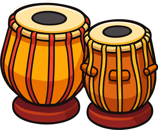 A colorful, cartoon-style illustration of a traditional Indian tabla drum set with two hand drums (bayan and dayan). Soft shadows, clean outline, slightly 3D style, transparent rounded background. Mobile game-friendly icon..
In-Game asset.  2d.  High contrast.  No shadows