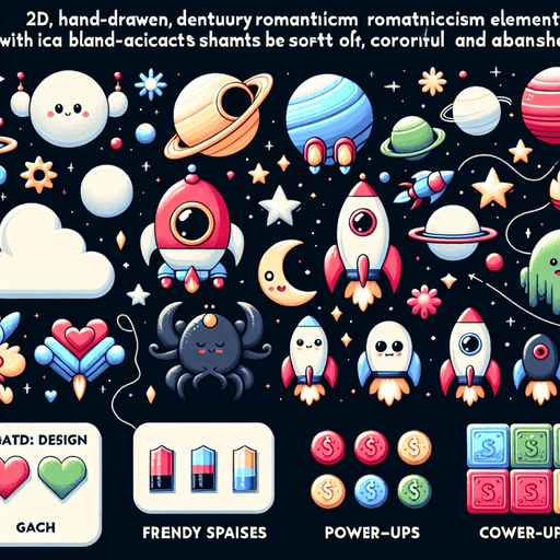 Spaceships, spacemonsters, cash, powerups.
Studio Ghibli. Ghibli style. Mobile game. Colorful. hand drawn. cute. fun. In-Game asset. 2d. Blank background. High contrast. No shadows.