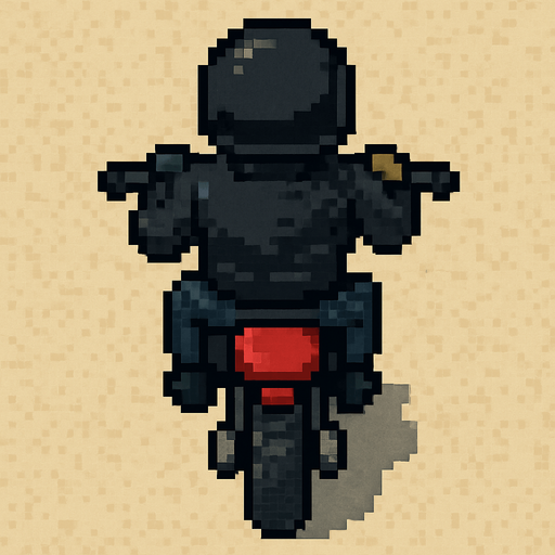 motociclista de chaqueta negra hecha con pixeles con perspectiva desde arriba y trasera.
In-Game asset.  2d.  High contrast.  No shadows