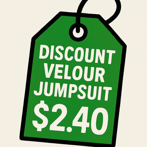 green price tag that says discount velour jumpsuit $2.40.
In-Game asset.  2d.  High contrast.  No shadows