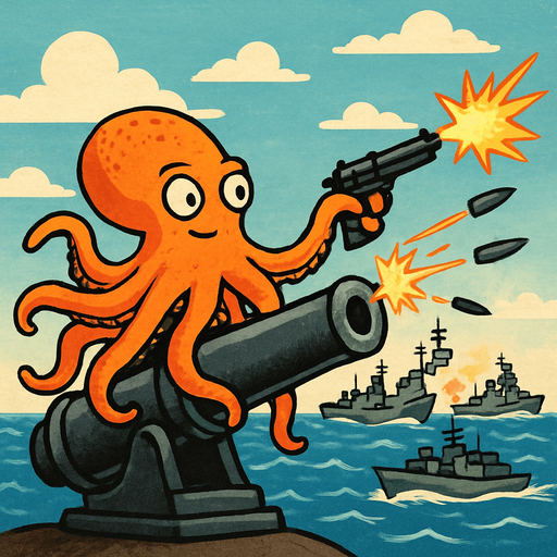 un pulpo naranja frenetico disparandole a buques de guerras encima de un cañon negro.
que se vea el fondo del cielo y el mar pero que no este enojado sino calmado