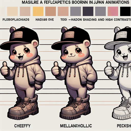 a cute monster in 4 emotions (happy, sad, hungry and neutral) wearing a snapback and Timberland shoes in Anime theme Single Game Texture. In-Game asset. 2d. Blank background. High contrast. No shadows.