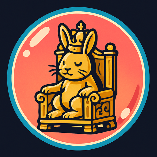 a bubble with a golden king rabbit inside sitting in a throne.
In-Game asset.  2d.  High contrast.  No shadows