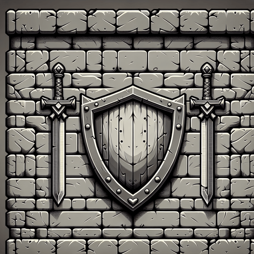 brick wall with shield and swords hanging in the middle of it..
Single Game Texture.  In-Game asset.  2d.  Blank background.  High contrast.  No shadows