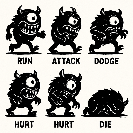 Sprite sheet of a monster enemy that has crucked teeth and a crazy eye. The sprite sheet has different frames of the enemy doing actions like run , attack , dodge, hurt and die..
High contrast