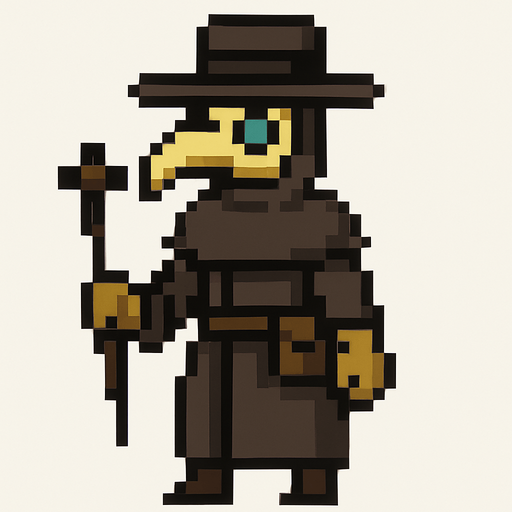 Palugue doctors full body pixel art.
In-Game asset.  2d.  High contrast.  No shadows