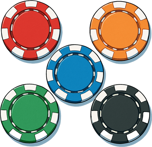 A set of five different colored poker chips seen from directly overhead. Anime style..
In-Game asset.  2d.  High contrast.  No shadows