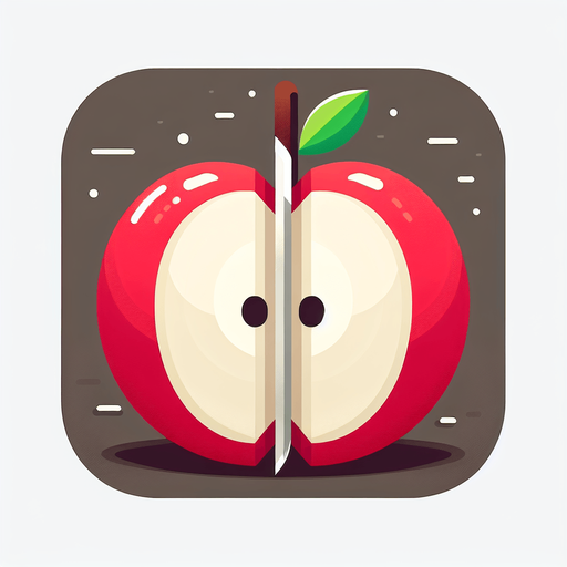 apple fruit is cut into two halves with a slight separation to match the style of Fruit Ninja.
Single Game Texture.  In-Game asset.  2d.  Blank background.  High contrast.  No shadows