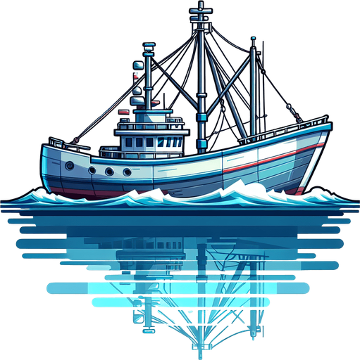 blue white color fishing ship.
Single Game Texture.  In-Game asset.  2d.  Blank background.  High contrast.  No shadows
