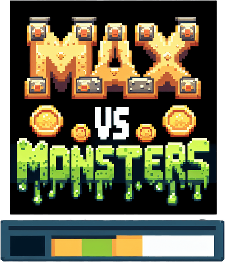 The words ‘Max vs Monsters’ in a pixel font. Max big on top, vs little in the middle, Monsters big on the bottom. Slime dripping from the bottom of monsters. The word Max is made out of armor and has gold coins and jewels around it. 
Single Game Texture.  In-Game asset.  2d.  Blank background.  High contrast.  No shadows