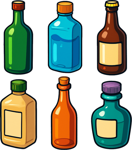 Pack of different bottles.
In-Game asset.  High contrast.  No shadows. 3D