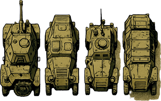 military, old, Light Armored Vehicles, top view.
In-Game asset.  2d.  High contrast.  No shadows