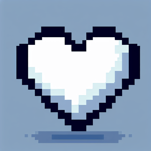 A white heart. Pixel art..
Single Game Texture.  In-Game asset.  2d.  Blank background.  High contrast.  No shadows