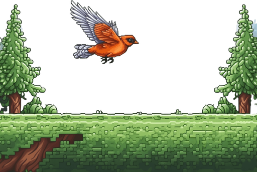 Rectangular bird. Flying right
Game Texture. In-Game asset. 2d. Pixelart. White background. Blank background. Low detail. High contrast.