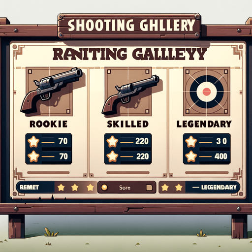 a western shooting gallery ranking charts written rookie (70) skilled(220) legendary (400).
Single Game Texture. In-Game asset. 2d. Blank background. High contrast. No shadows.