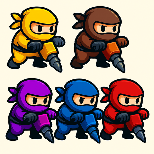 Pack of ninja characters with dig machine of sharpe rotated head of hands not trucks. different colors,yellow,pink,brown,purple,blue,green,red, HD colors
