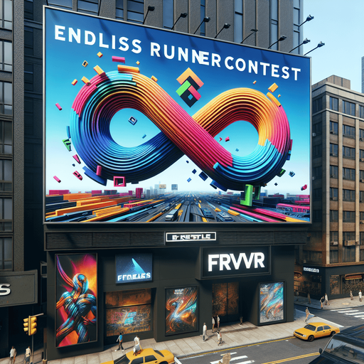 street ad billboard with the FRVR logo (multi-color infinte sign with right loop bigger than the left one) about the "Endless Runner Contest".
high definition video game sprite