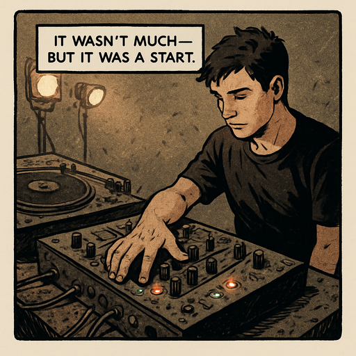 A comic panel styled like a square photo print with a clean white border. Realistic comic art. Scene: A dusty DJ booth, some lights flickering, the equipment old but intact. Noah places his hand on the mixer with a hint of reverence. Narrator box at the top reads: “It wasn’t much — but it was a start.”.
In-Game asset.  2d.  High contrast.  No shadows