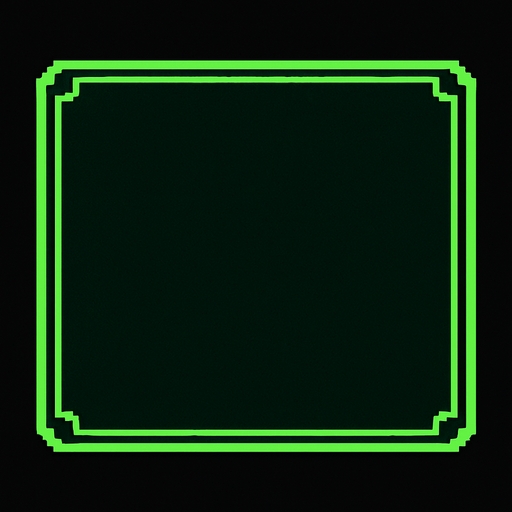 Recuadro de color negro con borde verde claro, que sea semi transparente en un 70% y que sea algo retro, apra menu de videojuego.
In-Game asset.  2d.  High contrast.  No shadows