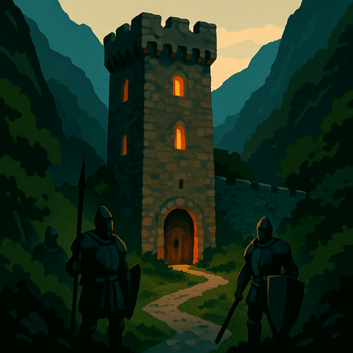 A hidden stone tower in a lush mountain pass, guarded by loyal knights, soft firelight glowing from narrow windows, peaceful and fortified, realistic.
In-Game asset.  2d.  High contrast.  No shadows