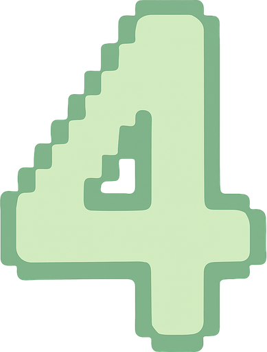 A pixel art number "4" designed for a cozy, cute retro 2D game UI with a bird theme. The number is rendered in soft pastel light green tones to harmonize with the gentle and sweet aesthetic of the game. It has a clean, simple, and rounded pixel style with no harsh edges, fitting perfectly within the pixel art UI style. The number is bold and easily readable at small sizes..
In-Game asset.  2d.  High contrast.  No shadows. pixel art. retro. 2d ui. number. pastel light green. simple. rounded edges. bold. cute. minimal