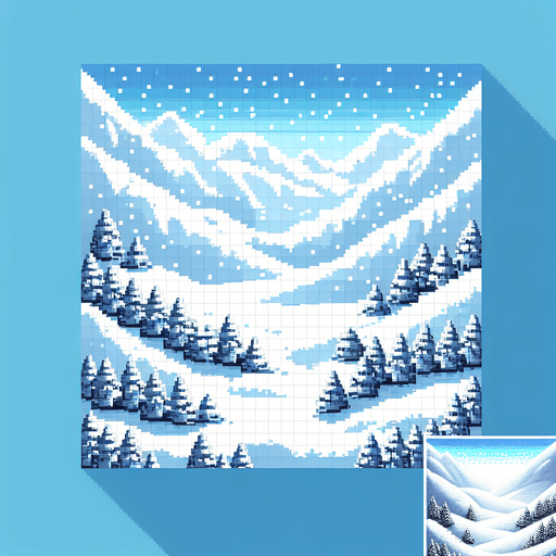 white snowy valley background. Single Game Texture. In-Game asset. 2d. High contrast. No shadows. pixelated. 8 bit