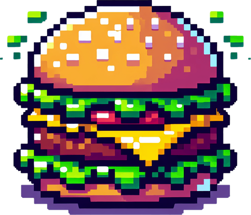 burger.
Single Game Texture. In-Game asset. 2d. Blank background. High contrast. No shadows. 8bit. no background.