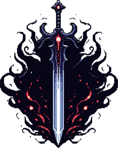 pixel art of an evil fantasy sword facing downward. Minor red details.
Single Game Texture. In-Game asset. 2d. Blank background. High contrast. No shadows.