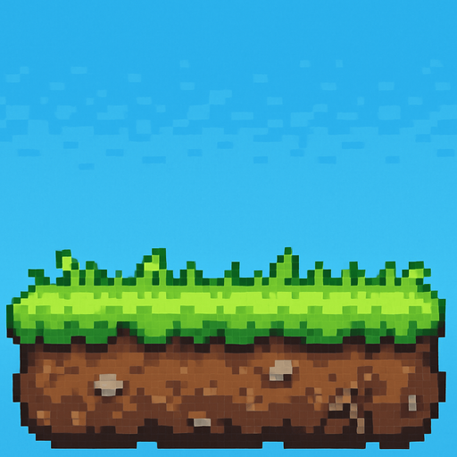 El suelo debe ser una plataforma horizontal clara y visible en la parte inferior de la pantalla, con diseño tipo césped verde brillante sobre tierra marrón, estilo pixel art, con bordes irregulares o redondeados para que no se vea plano ni rígido; puede tener pequeños detalles como piedritas o raíces, pero sin recargarlo, y debe contrastar bien con el cielo para que el personaje destaque al caminar sobre él..
In-Game asset.  2d.  High contrast.  No shadows