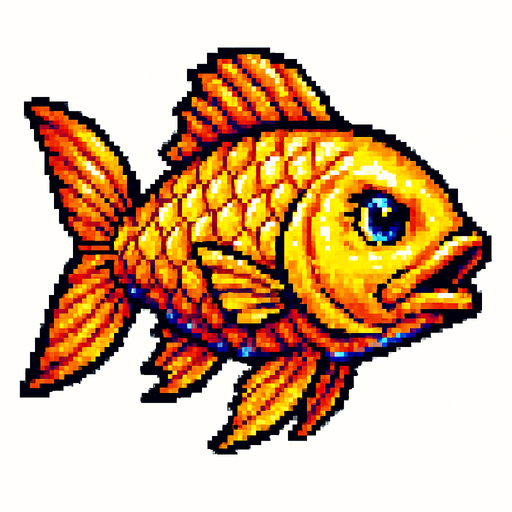 A shining golden mythical fish. Side profile, swimming. 
80s arcade machine graphics. White background. 
In-Game asset.  2d.  High contrast.  No shadows