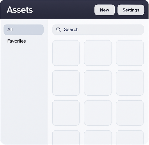 UI of 2D videogame asset management tool app, empty slots for assets, sleek flat intuitive User Interface futuristic style of Apple product ui, blank template sans uploaded assets