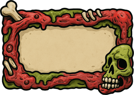 Zombie flesh and bone themed 2D cardboard hollow (without text) horizontal rectangular button..
In-Game asset.  2d.  High contrast.  No shadows