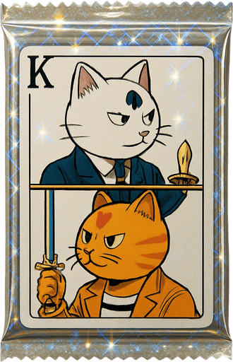 A booster pack of collectible cards in the plastic packaging. On the package is a picture of these two cats as if they are the King on a card in a deck of regular playing cards. The white one is on top facing left and the bottom one is the mirror facing right, side profile, just like a king on a regular playing card. There is a K in the top left corner to mark the King, but no suit. There are no other words on the pack. The plastic of the pack is all diamond and sparkling.