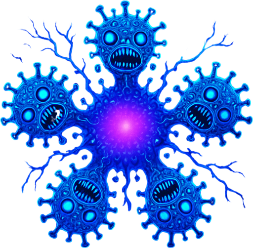 multi-headed virus monster, branching tendrils, glowing core, topdown view, blue and purple neon, organic digital fusion style, symmetrical, circular.
In-Game asset.  2d.  High contrast.  No shadows