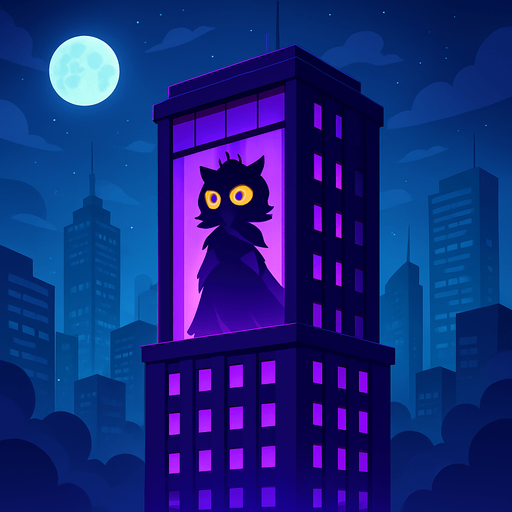 A cinematic 2D cartoon-style night cityscape featuring a tall, dark purple skyscraper with glowing violet lights. From a distant view, on the top floor, a large glass window reveals the silhouette of a mysterious owl princess. She has a crown, flowing dress, and large glowing orange eyes, barely visible behind the glass. The building reflects moonlight, surrounded by other modern towers and misty clouds. The owl silhouette gives a feeling of sorrow or urgency. High detail background, vector-style with vibrant contrast, no shadows, magical atmosphere. Game-ready, dramatic storytelling frame..
In-Game asset.  2d.  High contrast.  No shadows