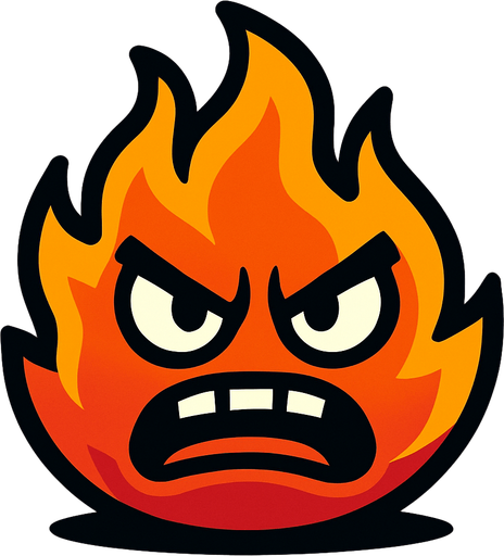 un fuego con ojos y boca, de expresion enojado.
In-Game asset.  2d.  High contrast.  No shadows