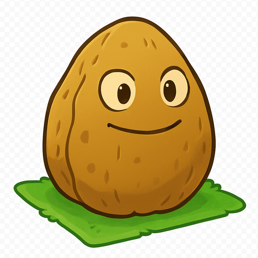 Nuez inspirada en Plants vs. Zombies 1. Una gran nuez de color marrón con textura rugosa y mirada serena pero decidida. Está plantada sobre una baldosa de césped en un jardín soleado. No está en combate ni dañada, solo en posición defensiva y tranquila. Estilo caricaturesco, líneas suaves, colores cálidos y sin sombras. Fondo transparente, ideal como asset 2D para videojuego. que este feliz o