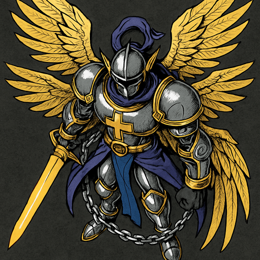 MagnaAngemon, visto desde arriba, calidad y detalles altamente épicos..
In-Game asset.  2d.  High contrast.  No shadows