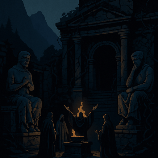 A forgotten mountain temple shrouded in shadow, stone statues with cracks, cloaked worshippers performing a dark ritual, vines crawling over walls, realistic.
In-Game asset.  2d.  High contrast.  No shadows