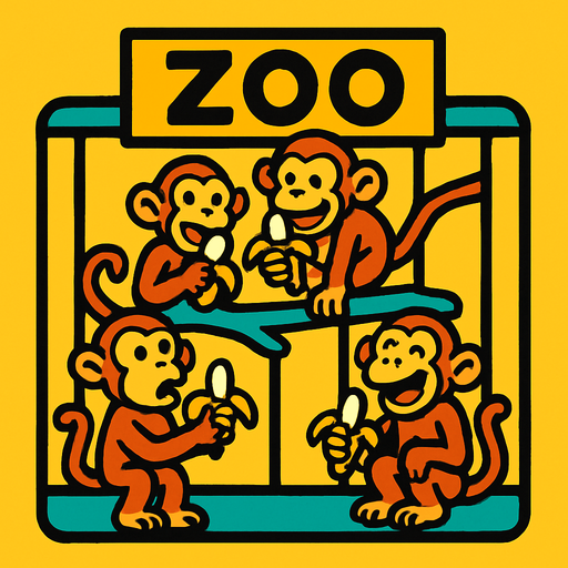 A zoo exhibit of silly monkeys eating bananas on the bag.
In-Game asset.  2d.  High contrast.  No shadows