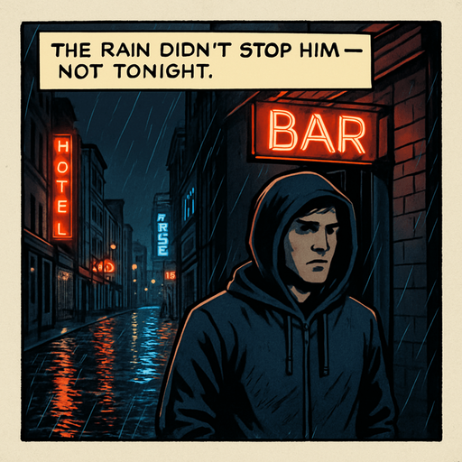 A comic panel styled like a square photo print with a clean white border. Realistic comic art. Scene: A rainy city street at night, neon signs reflecting on wet pavement, Noah stands under a flickering bar sign, hood up, looking uncertain. Narrator box at the top reads: “The rain didn’t stop him — not tonight.”.
In-Game asset.  2d.  High contrast.  No shadows