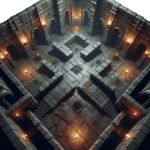 A dark, stone-walled dungeon chamber viewed directly from above. The floor is uneven with scattered bones and chains. Each wall has an entrance centered in the middle, like arched doorways, positioned on the top, bottom, left, and right sides. The room fills the entire frame, with torch-lit ambiance..
Full-frame, top-down view of a stone-walled dungeon chamber. Uneven floor, bones, chains, torch lighting. Open, arched entrances centered on each wall: top, bottom, left, and right. No 3D perspective, even lighting.