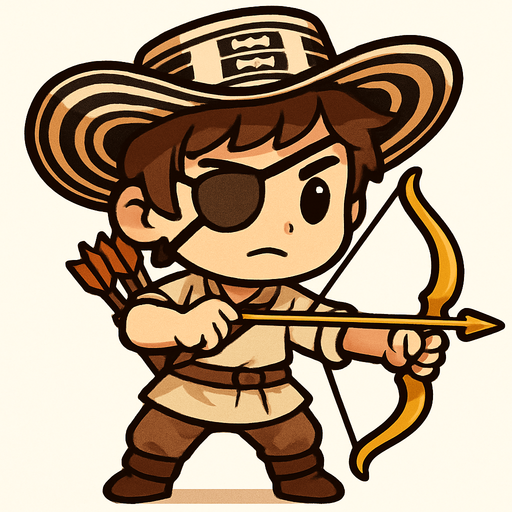 Un arquero en estilo chibi/cuerpo completo. Es un joven de cabello castaño y tez blanca, con un aire humilde y campesino. Lleva ropa sencilla de campesino, con un parche en el ojo derecho que le da un toque rudo. Porta un arco de color dorado brillante y un carcaj lleno de flechas que lleva a modo de cinturón en la cintura. En la cabeza luce un sombrero vueltiao típico, ancho y llamativo. Está en pose de combate ligera, como apuntando o sosteniendo el arco listo para disparar, manteniendo el estilo simpático y expresivo de un chibi..
In-Game asset.  2d.  High contrast.  No shadows