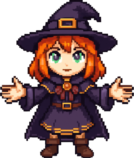High-quality 2D pixel art of a young witch girl facing forward with her arms open, palms visible. She has vibrant orange hair, fair white skin, and bright green eyes. She is wearing a classic witch outfit: a wide-brimmed witch hat and a matching dress with magical details. The style is detailed 16-bit pixel art, with clean shading and strong contrast. The pose is welcoming or spellcasting, and she is directly facing the viewer. Transparent background..
In-Game asset.  2d.  High contrast.  No shadows